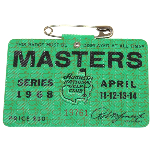 1968 Masters Tournament Series Badge #19761 Bob Goalby Winner