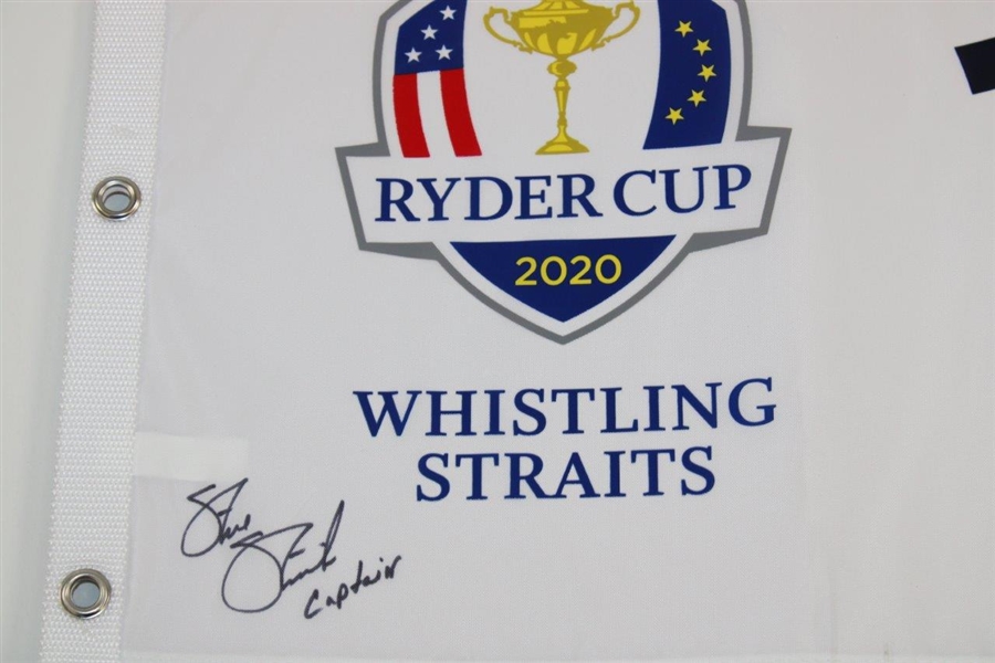 Steve Stricker Signed Signed 2020 Ryder Cup at Whistling Straits Flag w/ 'Captain' Inscription JSA ALOA