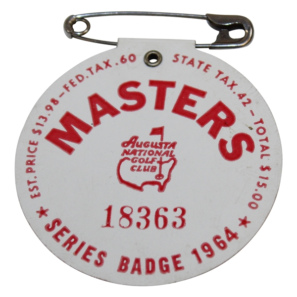 1964 Masters Tournament SERIES Badge #18363 - Arnold Palmer Winner