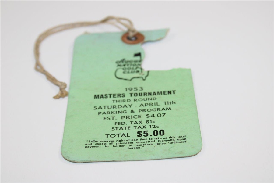 1953 Masters Tournament Saturday Third Rd Ticket with Original String - Ben Hogan Winner