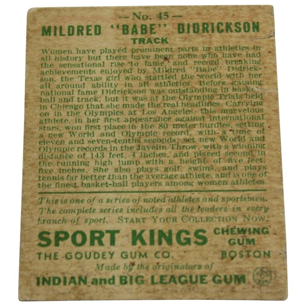 Vintage Babe Zaharias Sports Kings Golf Card