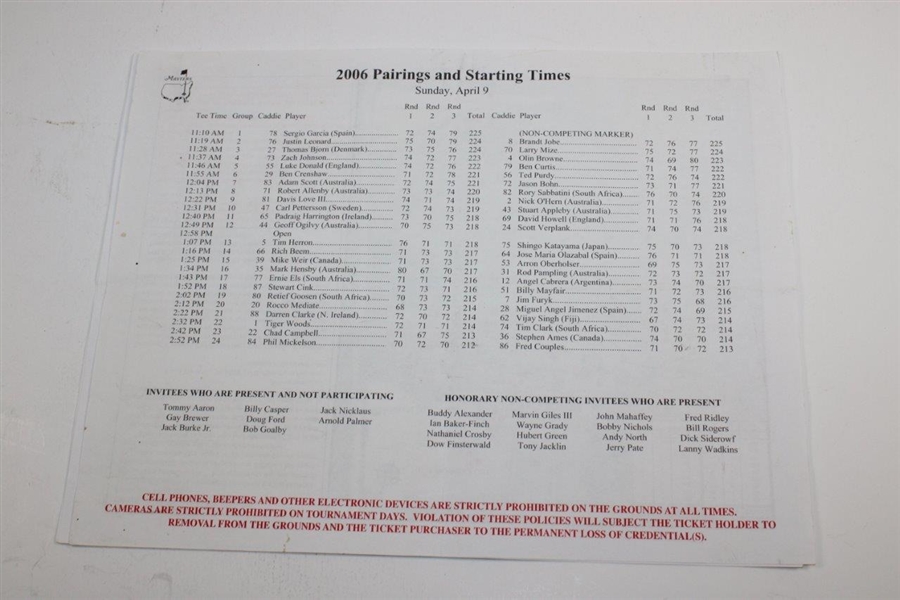 Three (3) 2006 Masters Sunday Pairing Sheets with 2004 Friday - Phil Mickelson Winner