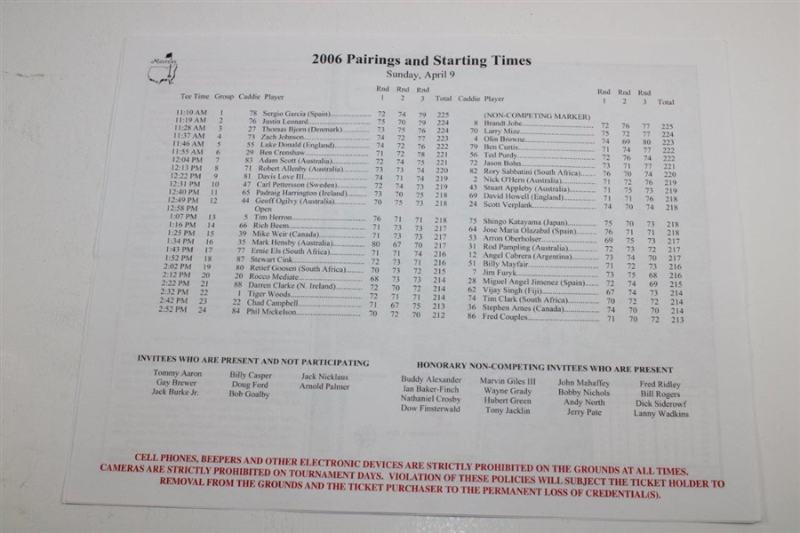 Three (3) 2006 Masters Sunday Pairing Sheets with 2004 Friday - Phil Mickelson Winner