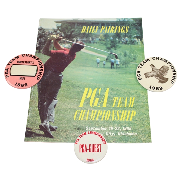 1968 PGA Team CPairings Booklet w/Contestants Badge, Wife Badge & PGA Guest Badge