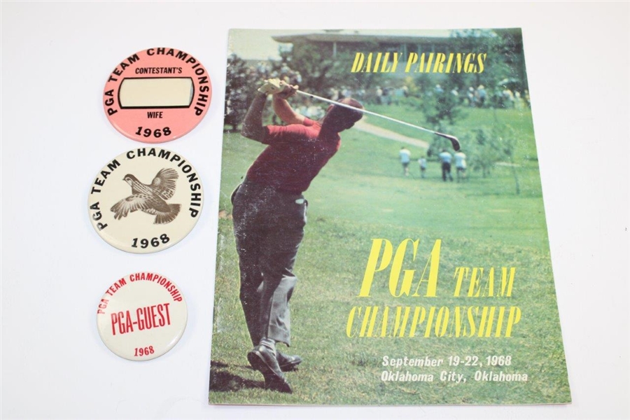 1968 PGA Team CPairings Booklet w/Contestants Badge, Wife Badge & PGA Guest Badge