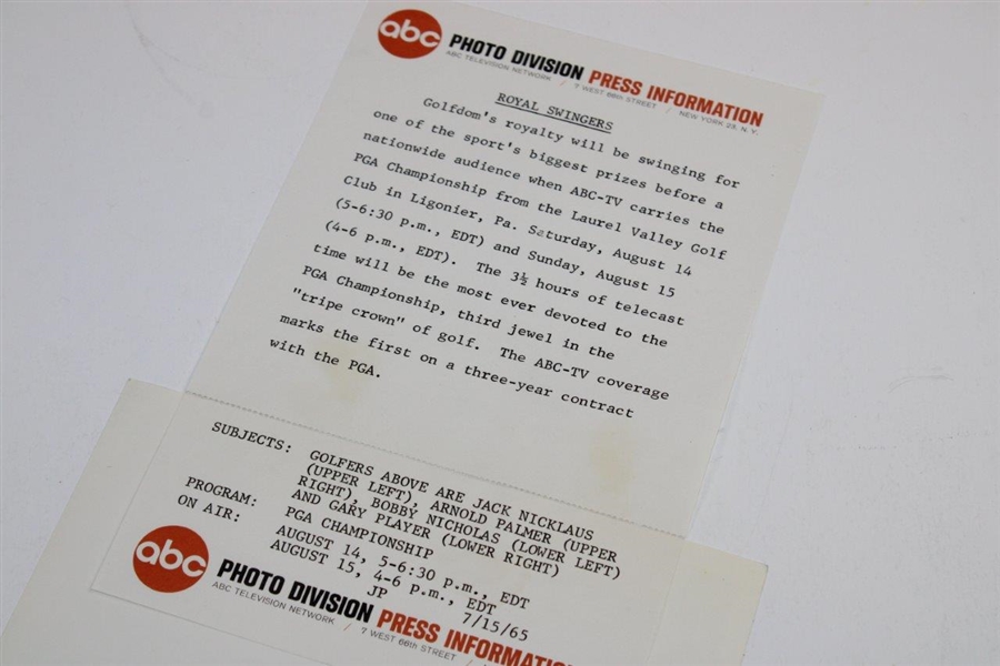 1965 PGA Press Photo w/Letter, Official Scorecard, SC Cover, Fact Sheet, Spec Guide & Pairing Sheet