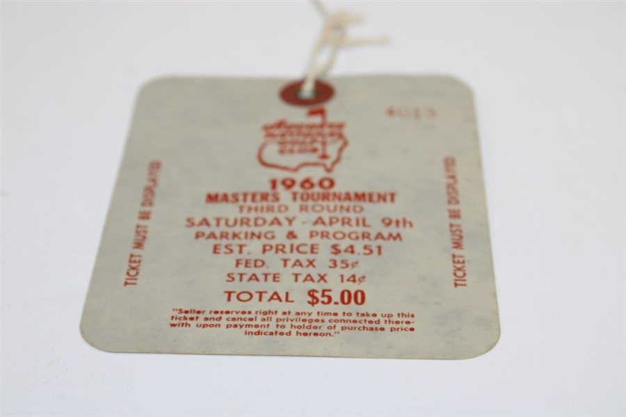 1960 Masters Tournament Third Round Saturday Ticket #4013 - Arnold Palmer Winner
