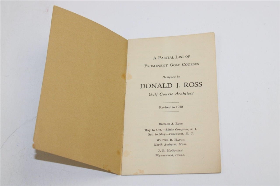 1930 Donald Ross Golf Course Architect Partial List of Prominent Golf Courses Booklet