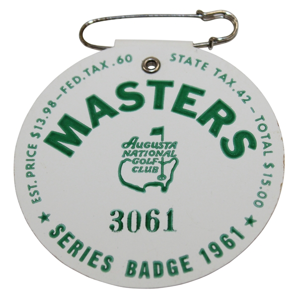 1961 Masters Tournament SERIES Badge #3061 - Gary Player Winner