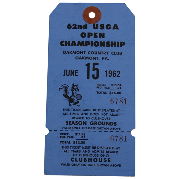 1962 US Open at Oakmont CC Season Grounds Full Unused Ticket #6781