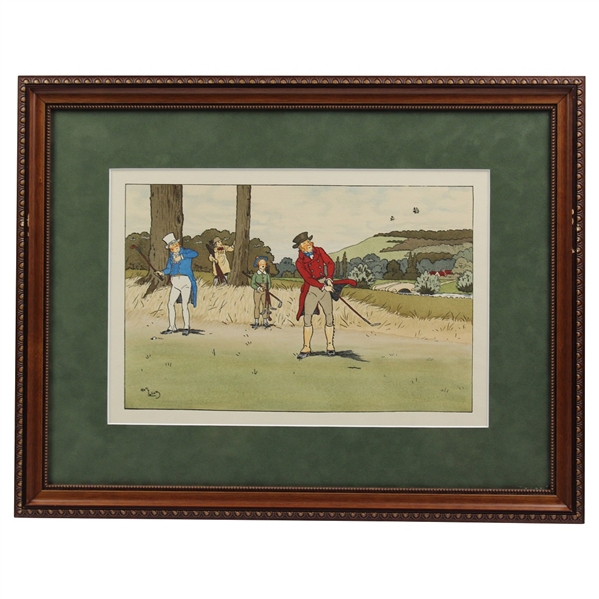 Harry Elliot Green Coat Golfer Holes Putt vs Blue Coat Golfer & Caddies Print - Framed