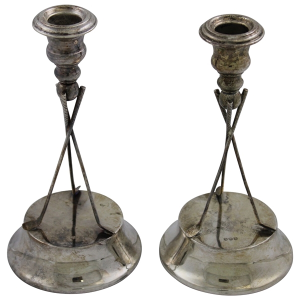 Pair of Sterling Silver Golf Themed Crossed Clubs Candlestick Holders