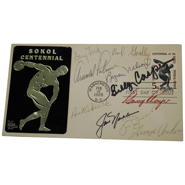 Masters Champs Demaret, Palmer, Nelson, Nicklaus & Six (6) others Signed 1965 Sokol Centennial Cachet JSA ALOA