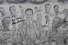 Hogan, Palmer, Seve, Nelson & 20 Others Masters Champs Signed Oversize Lithograph by Michael Marron - Framed JSA ALOA