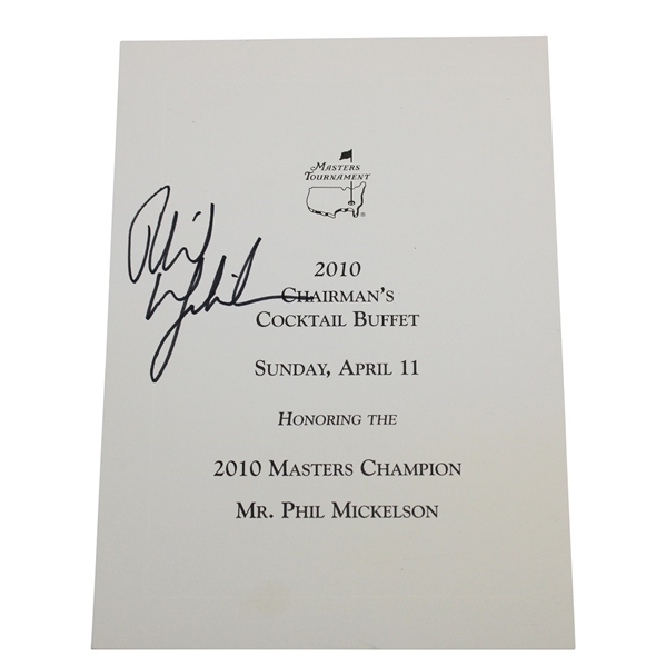 Phil Mickelson Signed 2010 Masters Chairman's Cocktail Buffet Menu - Night of Win! JSA ALOA