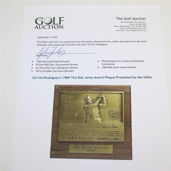 Chi Chi Rodriguez's 1989 The Bob Jones Award Plaque Presented by the USGA