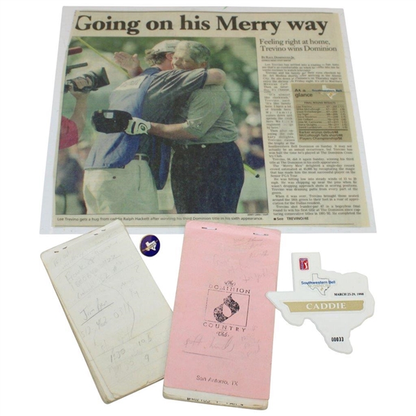 Course 18th Hole Flag, Caddy Bib, Yardage Booklets, & Badge from Lee Trevino 1998 Win - Ralph Hackett Collection