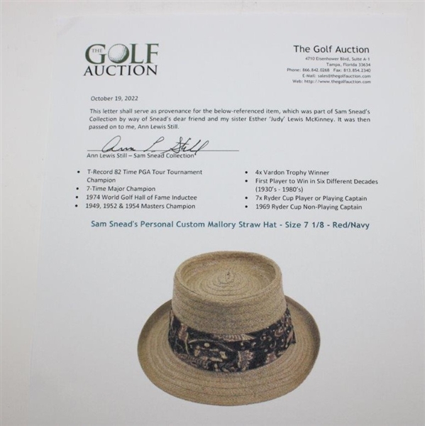 Sam Snead's Personal Custom Mallory Straw Hat - Size 7 1/8 - Red/Navy