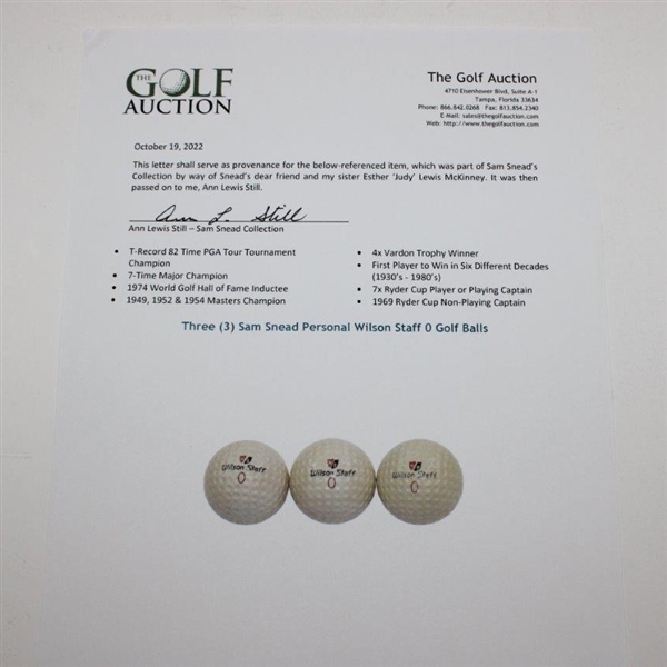 Three (3) Sam Snead Personal Wilson Staff “0” Golf Balls