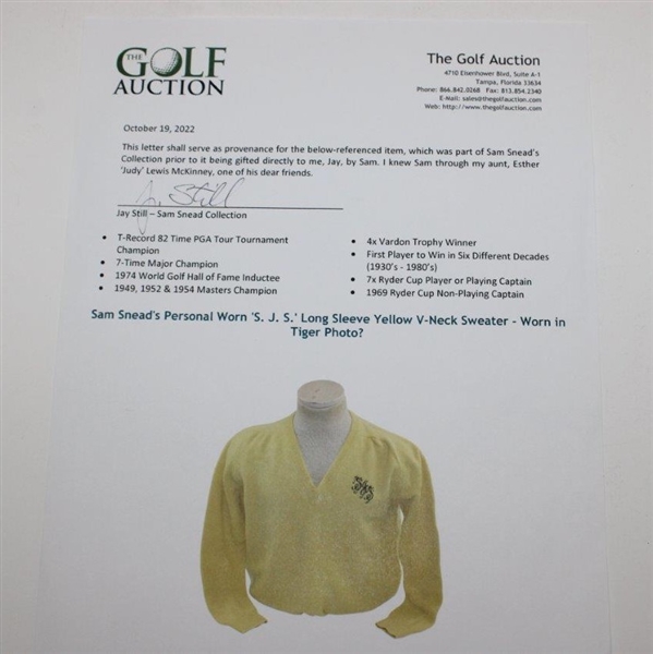 Sam Snead's Personal Worn 'S. J. S.' Long Sleeve Yellow V-Neck Sweater - Worn in Tiger Photo?