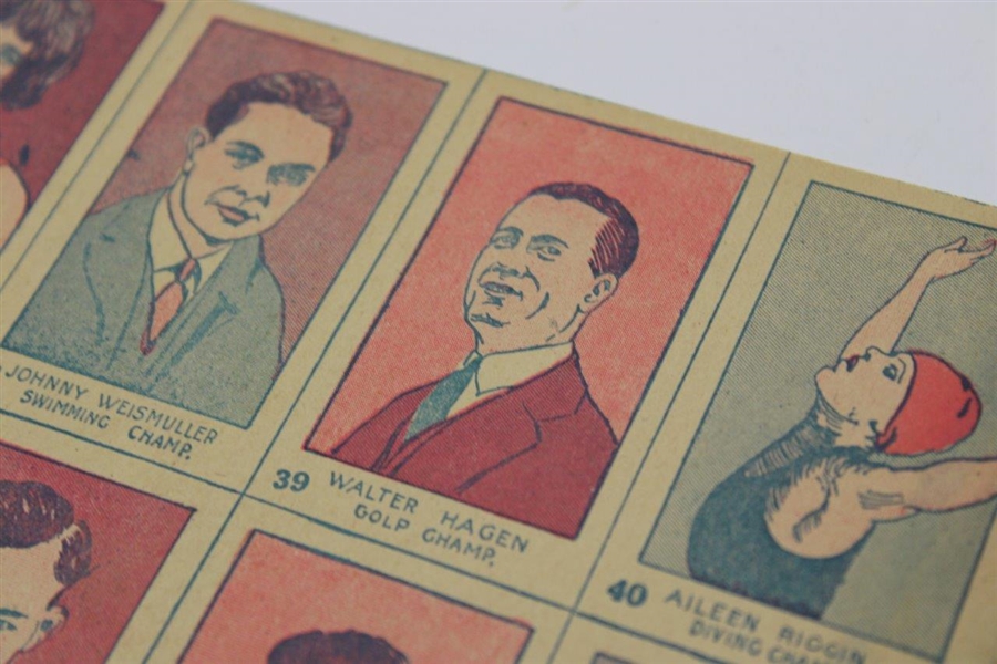 1926 W512 Walter Hagen Rookie Card on Uncut Sheet of Ten Cards
