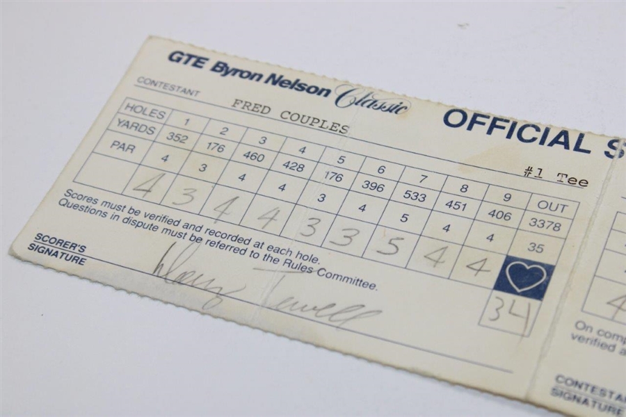 Fred Couples Signed Official 1993 GTE Byron Nelson Classic Scorecard JSA ALOA