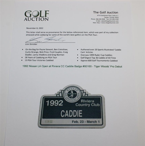 1992 Nissan LA Open at Riviera CC Caddie Series Badge #00160 - Tiger Woods' Pro Debut