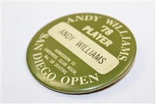 Andy Williams' 1978 Player Badge to Andy Williams San Diego Open - Linn Strickler Collection