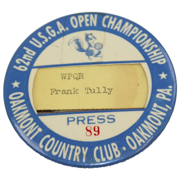 1962 US Open at Oakmont Press Badge #89 w/ Name Insert - Jack's 1st Professional Win
