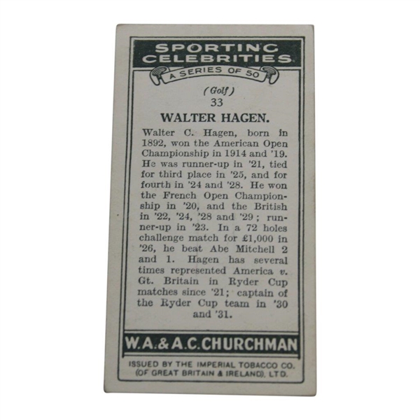 Walter Hagen WA & AC Churchman 'Men of the Moment in Sport' Tobacco Card #33