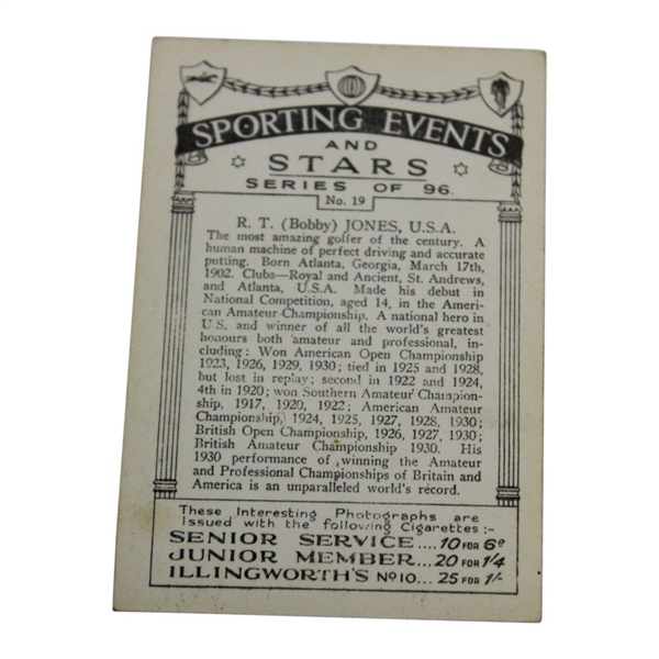 1935 R. T. (Bobby) Jones USA Sporting Events & Stars No. 19 Tobacco Card