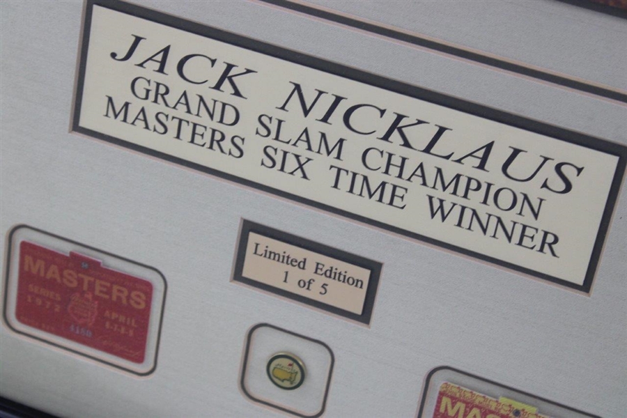 Jack Nicklaus Signed Tee-Off B&W Photo w/Facsimile Masters Badges & Photos Display JSA ALOA