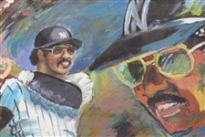 Reggie Jackson Signed Scorecard with Original Oil on Canvas Painting JSA ALOA