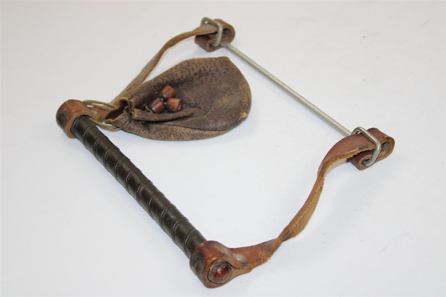 Vintage Hand-Held Golf Club Carrier with Rawhide Straps & Leather Golf Ball Pouch