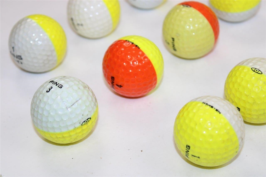 Ten (10) PING Two-Tone Colored Golf Balls - Yellow/White/Orange