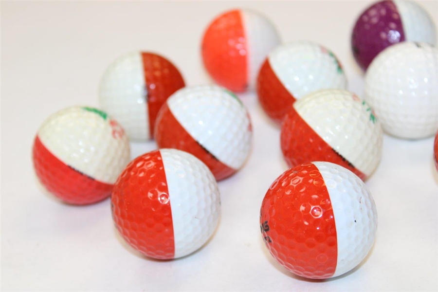Eleven (11) PING Two-Tone Colored Golf Balls - Red/White/Orange/Purple
