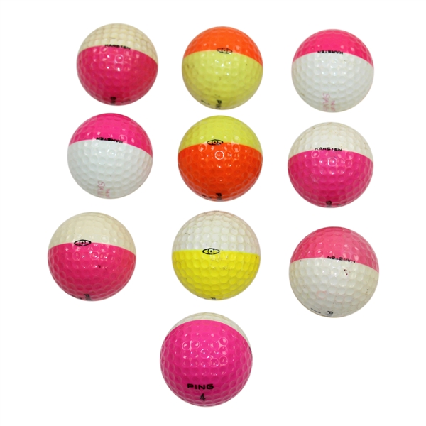 Ten (10) PING Two-Tone Colored Golf Balls - Pink/White/Yellow/Orange