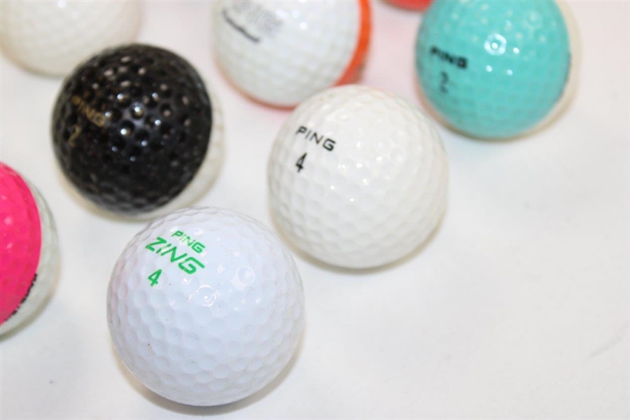 Ten (10) PING Two-Tone Colored Golf Balls - Pink/White/Purple/Orange/Lt Blue