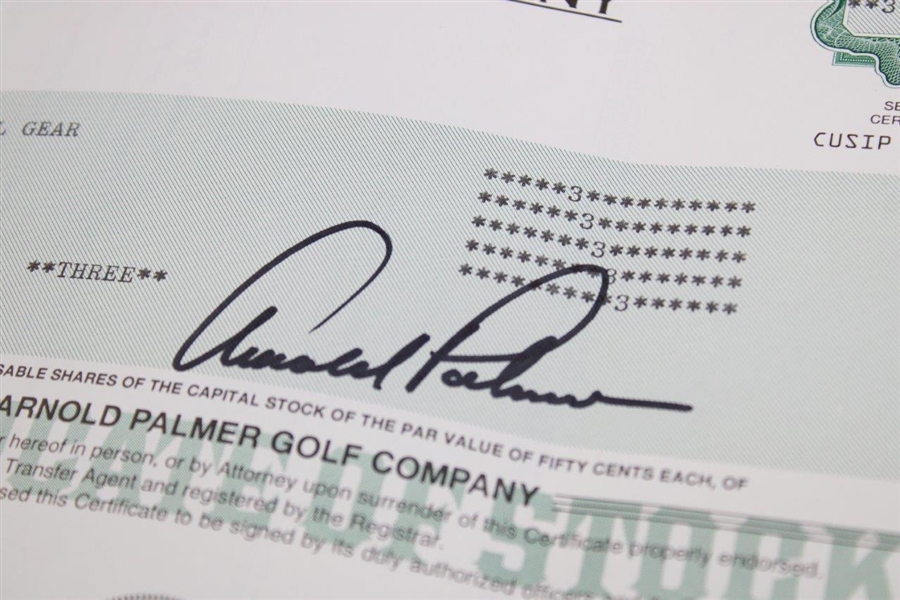 Arnold Palmer Signed 1997 The Arnold Palmer Golf Company AP0548 Stock Certificate JSA ALOA
