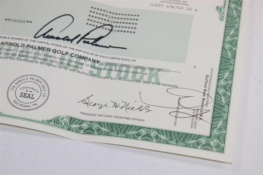 Arnold Palmer Signed 1997 The Arnold Palmer Golf Company AP0548 Stock Certificate JSA ALOA