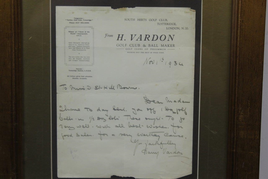 Harry Vardon Signed 1936 Letter on 'H. Vardon Golf Club & Ball Maker' Letterhead - Framed JSA ALOA