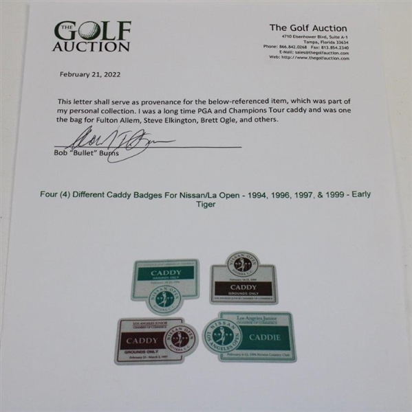 Four (4) Different Caddy Badges For Nissan/La Open - 1994, 1996, 1997, & 1999 - Early Tiger - Bob Burns Collection