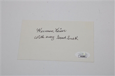 Herman Keiser Signed 3x5 Card with 'With every Good Luck' 1946 Masters JSA #UU13679