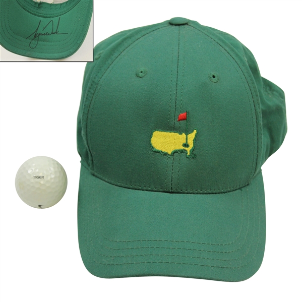 Tiger Woods Signed Rare Caddies Only Par-3 Green Masters Hat w/Tiger Used Ball JSA ALOA