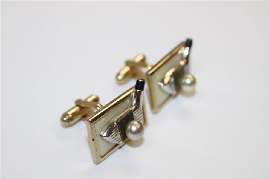 Pair of Golf Club with Pearl Ball Themed Rectangle Shaped Cuff Links