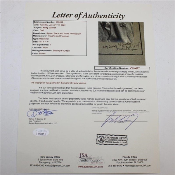 Harry Vardon Signed & Dated Silverprint Portrait Photo Display - Framed JSA FULL #YY10077