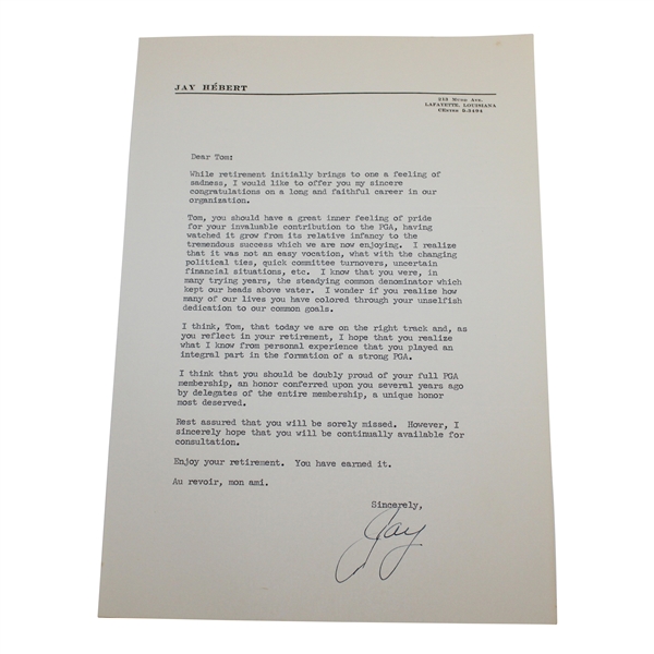 Jay Hebert Signed Letter to PGA Ex. Dir. Tom Crane on Pers. Letterhead JSA ALOA