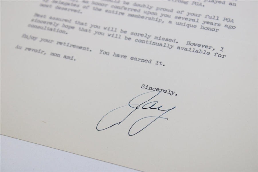 Jay Hebert Signed Letter to PGA Ex. Dir. Tom Crane on Pers. Letterhead JSA ALOA