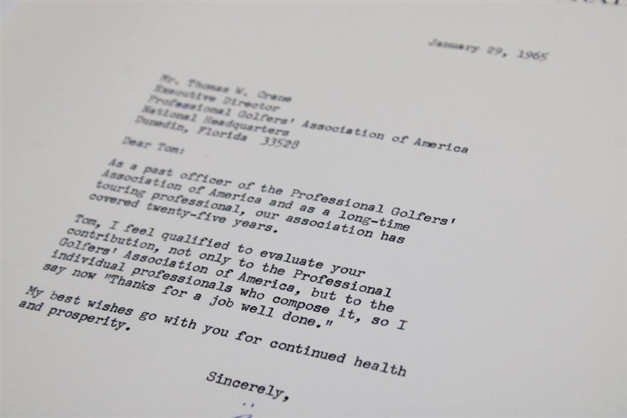 Chick Harbert Signed Letter to PGA Ex. Dir. Tom Crane on Pers. Letterhead - 1/29/1965 JSA ALOA