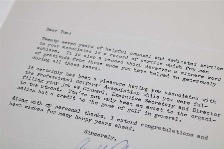 Arnold Palmer Signed Letter to PGA Ex. Dir. Tom Crane on Pers. Letterhead - JSA ALOA